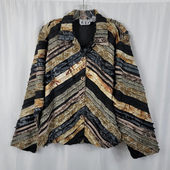 80's Keren Hart Women's Blazer Jacket Black Size Small Black Gray Fabric Strips - Picture 1 of 14